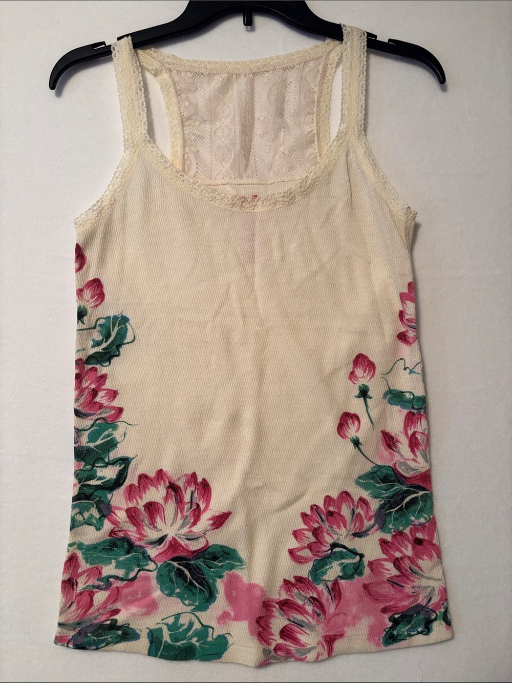 Lucy Brand Floral Lace-Back Cream Tank Top with Pink & Green Bloom